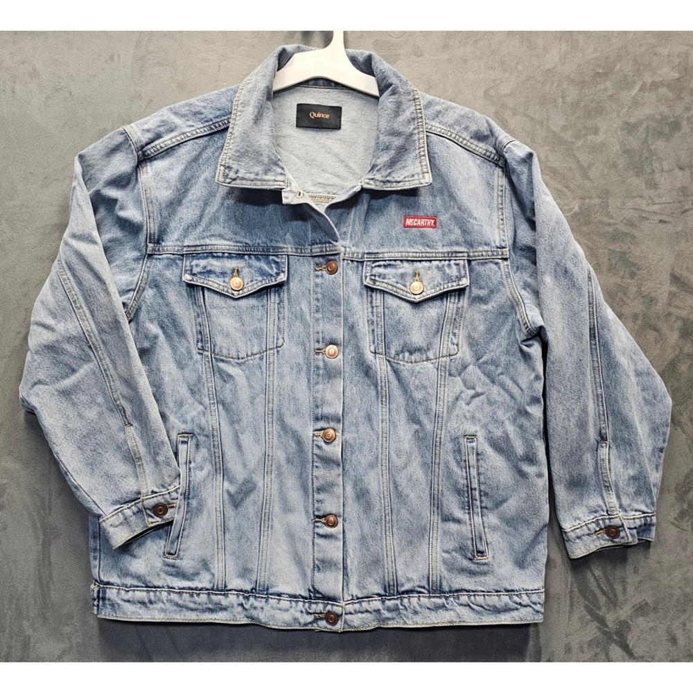 Quince Womens Organic Cotton Oversized Denim Jacket Indigo Blue McCarthy Patch L - Picture 2 of 9